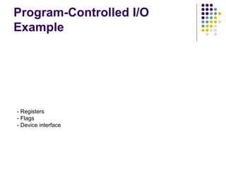 Program-Controlled I/O
Example
DATAIN DATAOUT
SIN SOUT
Key board Display
Bus
Figure 2.19 Bus connection for processor
, keyboard, and display
.
Processor
- Registers
- Flags
- Device interface
 