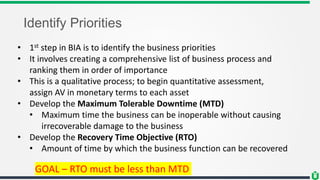 Identify Priorities
• 1st step in BIA is to identify the business priorities
• It involves creating a comprehensive list of business process and
ranking them in order of importance
• This is a qualitative process; to begin quantitative assessment,
assign AV in monetary terms to each asset
• Develop the Maximum Tolerable Downtime (MTD)
• Maximum time the business can be inoperable without causing
irrecoverable damage to the business
• Develop the Recovery Time Objective (RTO)
• Amount of time by which the business function can be recovered
GOAL – RTO must be less than MTD
 