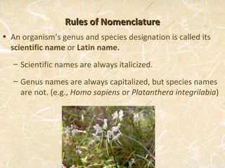 Rules of Nomenclature
• An organism’s genus and species designation is called its
  scientific name or Latin name.
   – Scientific names are always italicized.
   – Genus names are always capitalized, but species names
     are not. (e.g., Homo sapiens or Platanthera integrilabia)
 
