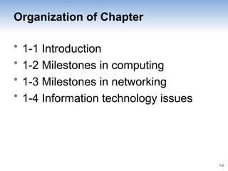1-2
1-2
Organization of Chapter
• 1-1 Introduction
• 1-2 Milestones in computing
• 1-3 Milestones in networking
• 1-4 Information technology issues
 