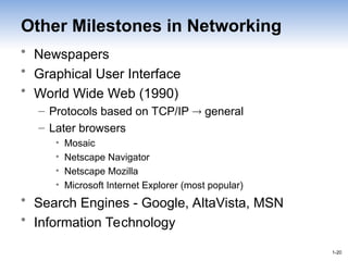 1-20
1-20
Other Milestones in Networking
• Newspapers
• Graphical User Interface
• World Wide Web (1990)
– Protocols based on TCP/IP  general
– Later browsers
• Mosaic
• Netscape Navigator
• Netscape Mozilla
• Microsoft Internet Explorer (most popular)
• Search Engines - Google, AltaVista, MSN
• Information Technology
 