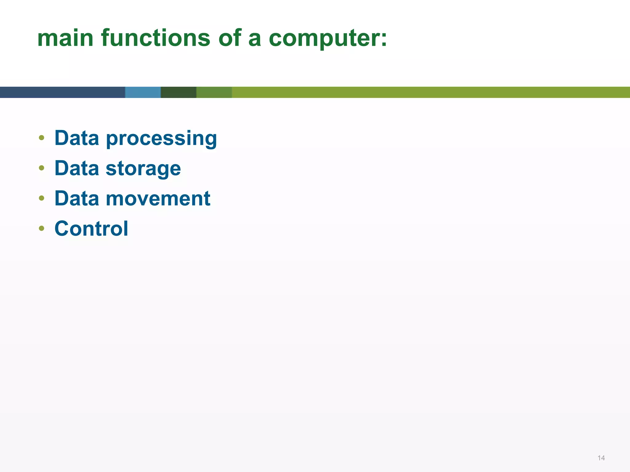 14 14
main functions of a computer:
• Data processing
• Data storage
• Data movement
• Control
 