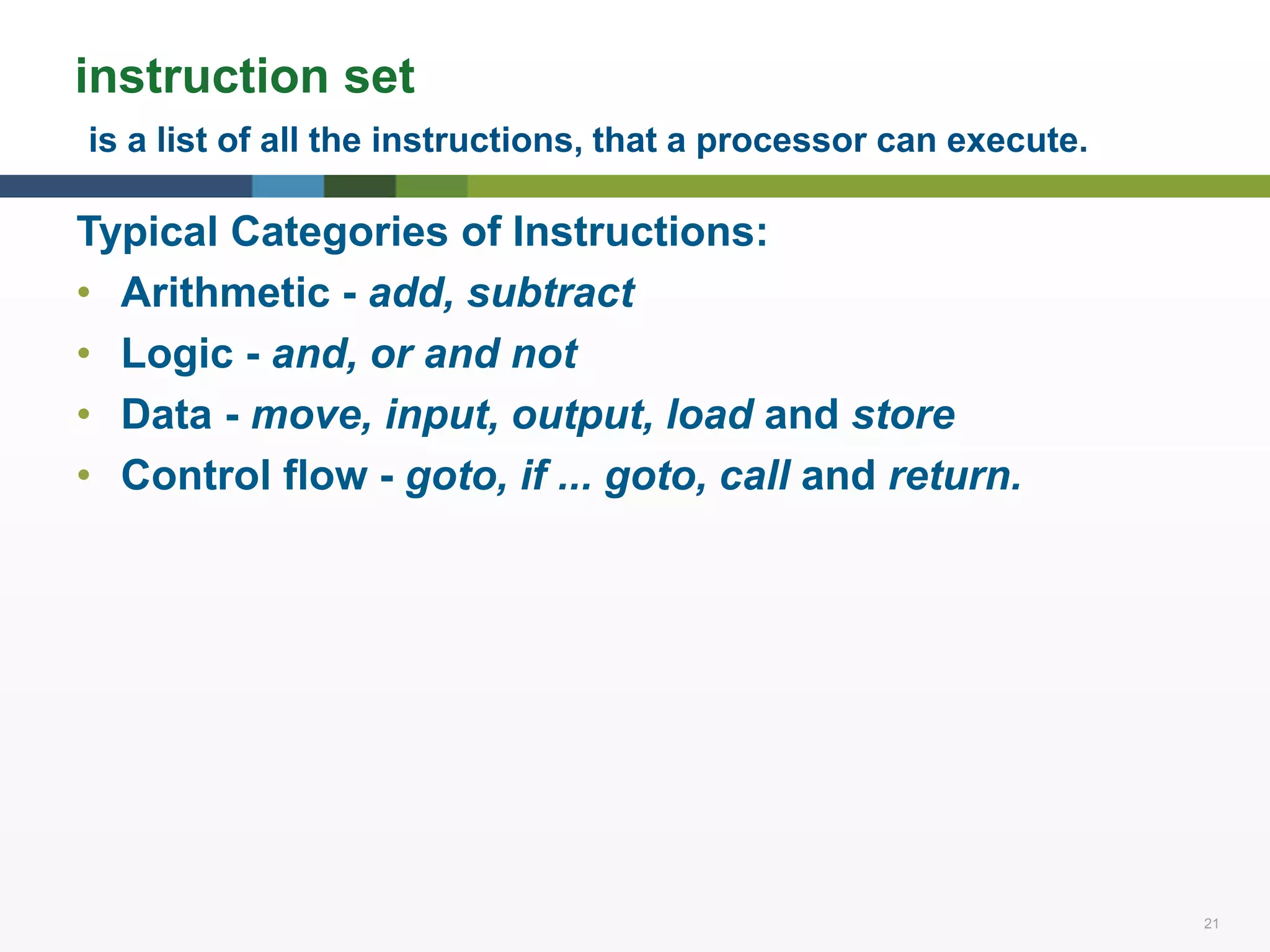 21 21
instruction set
is a list of all the instructions, that a processor can execute.
Typical Categories of Instructions:
• Arithmetic - add, subtract
• Logic - and, or and not
• Data - move, input, output, load and store
• Control flow - goto, if ... goto, call and return.
 