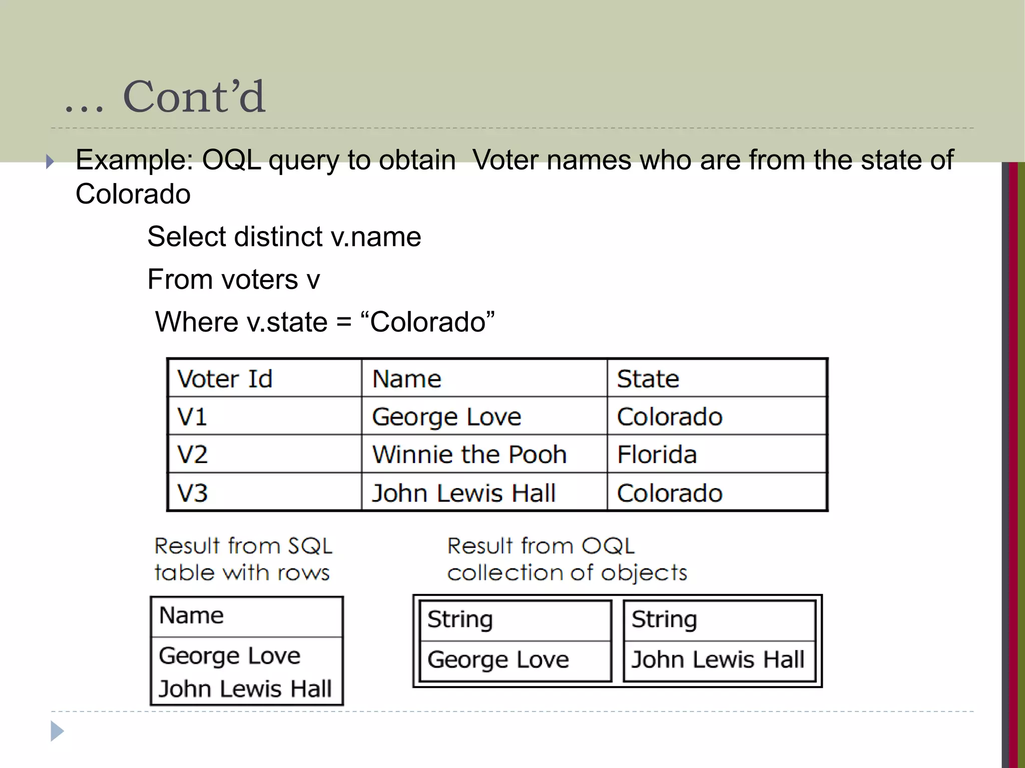 … Cont’d  Example: OQL query to obtain Voter names who are from the state of Colorado Select distinct v.name From voters v Where v.state = “Colorado” 
