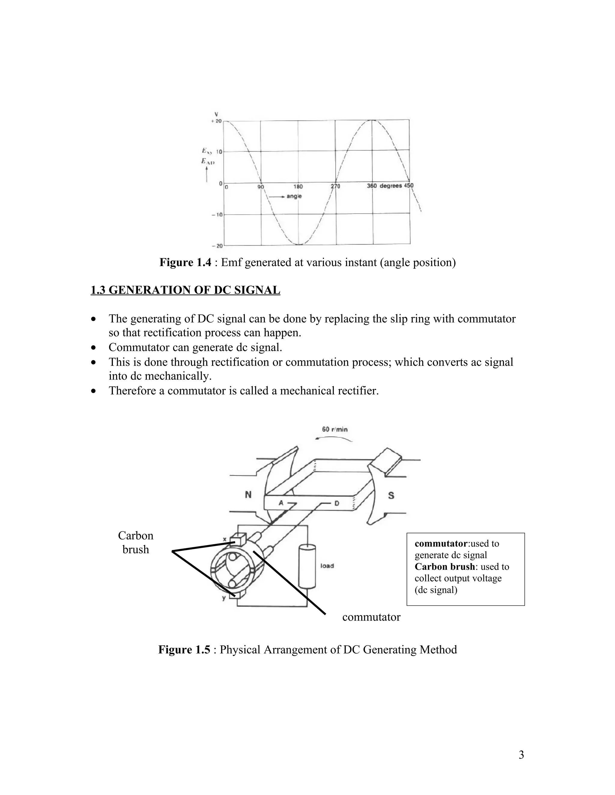 Figure 1.4 : Emf generated at various instant (angle position)

1.3 GENERATION OF DC SIGNAL

•   The generating of DC signal can be done by replacing the slip ring with commutator
    so that rectification process can happen.
•   Commutator can generate dc signal.
•   This is done through rectification or commutation process; which converts ac signal
    into dc mechanically.
•   Therefore a commutator is called a mechanical rectifier.




     Carbon
                                                                   commutator:used to
      brush                                                        generate dc signal
                                                                   Carbon brush: used to
                                                                   collect output voltage
                                                                   (dc signal)

                                                    commutator

              Figure 1.5 : Physical Arrangement of DC Generating Method




                                                                                            3
 