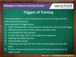 Welingkar’s Distance Learning Division
Triggers of Training
Training programs is a stimulating process and should take off with
enthusiastic participation.
Some example of triggering are:
1) CEOs initiative with a ceremony for introduction of new technology.
2) HRD document with mission policy and action plan
3) An incentive for fast learners
4) A letter from the CEO on the subject to employees
5) Publicity for skilled persons
6) Shram Shakti awards
7) Unveiling career plan for the newly trained people or new skill
base.
8) Threat of lateral recruitment instead of internal promotions for
higher posts
We Learn – A Continuous Learning Forum
 