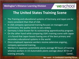 Welingkar’s Distance Learning Division
The United States Training Scene
• The Training and educational systems of Germany and Japan are far
more consistent than that of USA.
• In USA company sponsored training focuses on managers and
technicians; the quality tends to vary widely.
• Germany is best known for its outstanding apprenticeship program.
• On the other hand while comparing USA’s training scene with Japan
.it is found that Japan boasts having one of the best primary and
secondary educational systems in the world.
• Once employed Japanese workers receive extensive ongoing ,
company sponsored training.
• Workers in Japanese automobile plants average 90 hours of training
whereas workers in US Automobile plants average about 30 hrs of
training annually. Contd..
We Learn – A Continuous Learning Forum
 