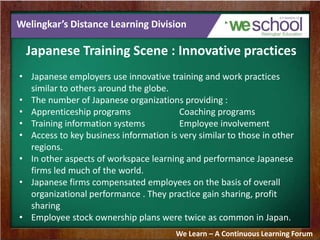 Welingkar’s Distance Learning Division
Japanese Training Scene : Innovative practices
• Japanese employers use innovative training and work practices
similar to others around the globe.
• The number of Japanese organizations providing :
• Apprenticeship programs Coaching programs
• Training information systems Employee involvement
• Access to key business information is very similar to those in other
regions.
• In other aspects of workspace learning and performance Japanese
firms led much of the world.
• Japanese firms compensated employees on the basis of overall
organizational performance . They practice gain sharing, profit
sharing
• Employee stock ownership plans were twice as common in Japan.
We Learn – A Continuous Learning Forum
 
