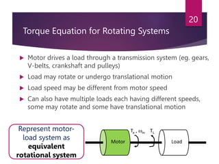 Torque Equation for Rotating Systems
 Motor drives a load through a transmission system (eg. gears,
V-belts, crankshaft and pulleys)
 Load may rotate or undergo translational motion
 Load speed may be different from motor speed
 Can also have multiple loads each having different speeds,
some may rotate and some have translational motion
20
Motor Load
Te , m TL
Represent motor-
load system as
equivalent
rotational system
 