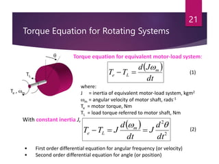 Torque Equation for Rotating Systems
21
• First order differential equation for angular frequency (or velocity)
• Second order differential equation for angle (or position)
 
2
2
dt
d
J
dt
d
J
T
T m
L
e





With constant inertia J,
 
dt
J
d
T
T m
L
e




Te , m
TL
Torque equation for equivalent motor-load system:
where:
J = inertia of equivalent motor-load system, kgm2
m = angular velocity of motor shaft, rads-1
Te = motor torque, Nm
TL = load torque referred to motor shaft, Nm
(1)
(2)
 