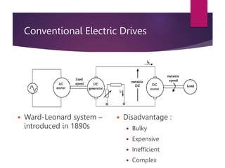 Conventional Electric Drives
 Ward-Leonard system –
introduced in 1890s
 Disadvantage :
 Bulky
 Expensive
 Inefficient
 Complex
4
 