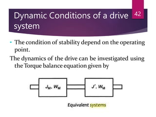 Dynamic Conditions of a drive
system
42
• The condition of stability depend on the operating
point.
The dynamics of the drive can be investigated using
the Torque balanceequation given by
 