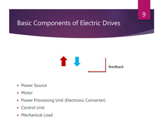 Basic Components of Electric Drives
 Power Source
 Motor
 Power Processing Unit (Electronic Converter)
 Control Unit
 Mechanical Load
9
feedback
 
