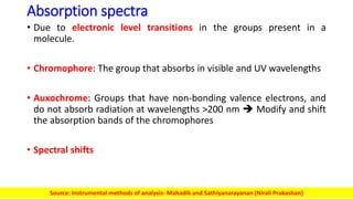 Absorption spectra
• Due to electronic level transitions in the groups present in a
molecule.
• Chromophore: The group that absorbs in visible and UV wavelengths
• Auxochrome: Groups that have non-bonding valence electrons, and
do not absorb radiation at wavelengths >200 nm  Modify and shift
the absorption bands of the chromophores
• Spectral shifts
Source: Instrumental methods of analysis- Mahadik and Sathiyanarayanan (Nirali Prakashan)
 
