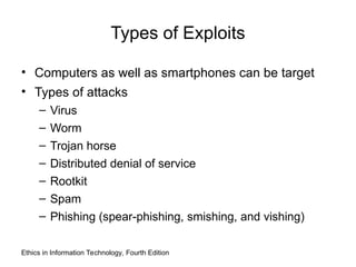 Types of Exploits
• Computers as well as smartphones can be target
• Types of attacks
– Virus
– Worm
– Trojan horse
– Distributed denial of service
– Rootkit
– Spam
– Phishing (spear-phishing, smishing, and vishing)
Ethics in Information Technology, Fourth Edition
 