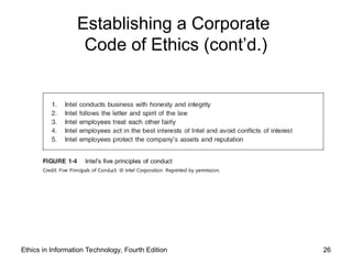 Ethics in Information Technology, Fourth Edition 26
Establishing a Corporate
Code of Ethics (cont’d.)
 