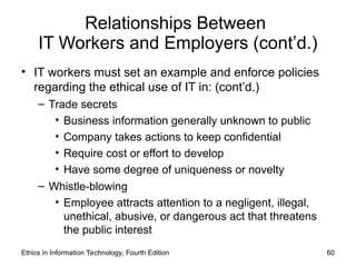 Relationships Between
IT Workers and Employers (cont’d.)
• IT workers must set an example and enforce policies
regarding the ethical use of IT in: (cont’d.)
– Trade secrets
• Business information generally unknown to public
• Company takes actions to keep confidential
• Require cost or effort to develop
• Have some degree of uniqueness or novelty
– Whistle-blowing
• Employee attracts attention to a negligent, illegal,
unethical, abusive, or dangerous act that threatens
the public interest
Ethics in Information Technology, Fourth Edition 60
 