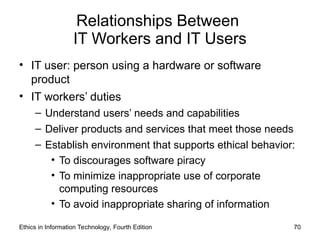 Relationships Between
IT Workers and IT Users
• IT user: person using a hardware or software
product
• IT workers’ duties
– Understand users’ needs and capabilities
– Deliver products and services that meet those needs
– Establish environment that supports ethical behavior:
• To discourages software piracy
• To minimize inappropriate use of corporate
computing resources
• To avoid inappropriate sharing of information
Ethics in Information Technology, Fourth Edition 70
 