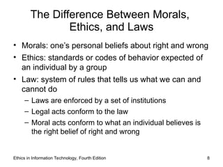 The Difference Between Morals,
Ethics, and Laws
• Morals: one’s personal beliefs about right and wrong
• Ethics: standards or codes of behavior expected of
an individual by a group
• Law: system of rules that tells us what we can and
cannot do
– Laws are enforced by a set of institutions
– Legal acts conform to the law
– Moral acts conform to what an individual believes is
the right belief of right and wrong
Ethics in Information Technology, Fourth Edition 8
 