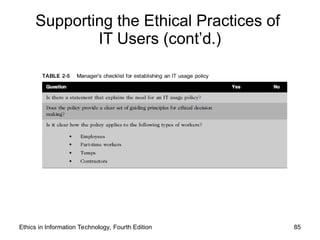 Supporting the Ethical Practices of
IT Users (cont’d.)
Ethics in Information Technology, Fourth Edition 85
 