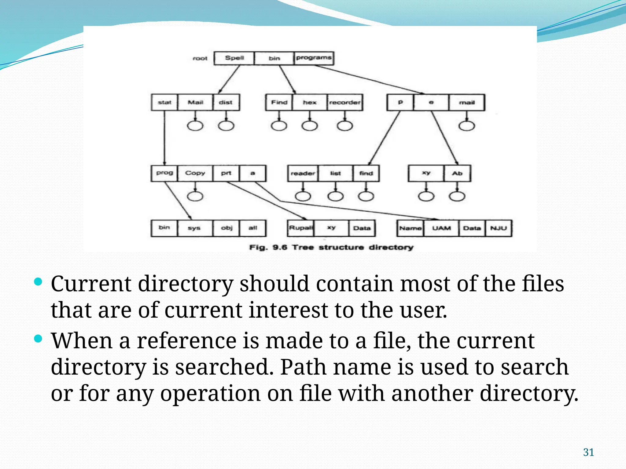 31
 Current directory should contain most of the files
that are of current interest to the user.
 When a reference is made to a file, the current
directory is searched. Path name is used to search
or for any operation on file with another directory.
 