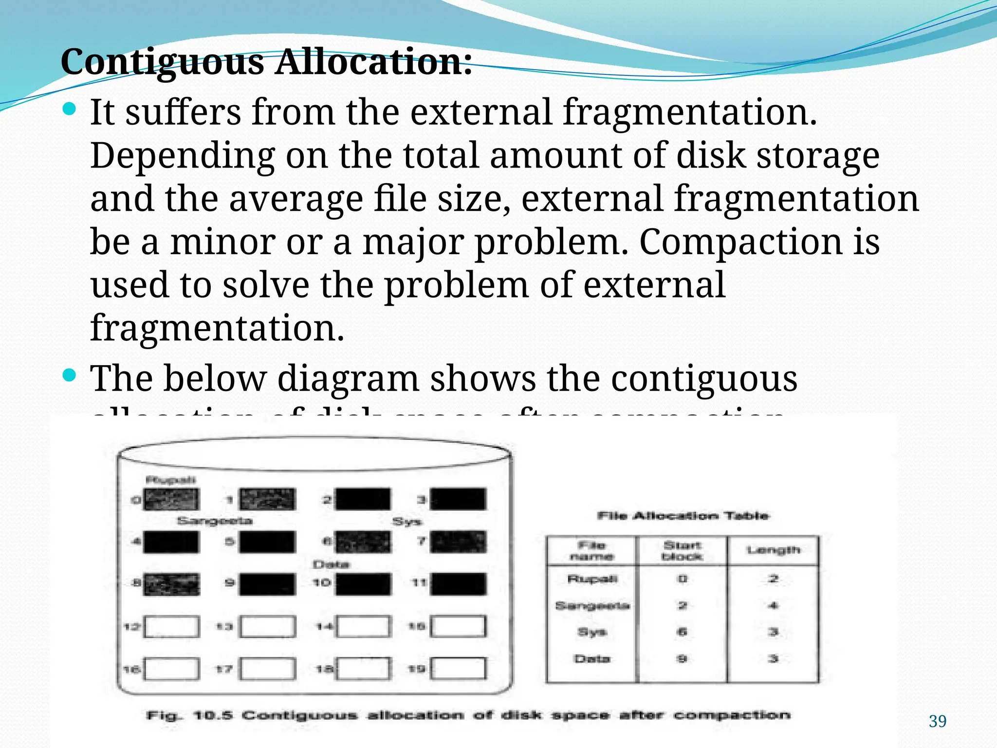 39
Contiguous Allocation:
 It suffers from the external fragmentation.
Depending on the total amount of disk storage
and the average file size, external fragmentation
be a minor or a major problem. Compaction is
used to solve the problem of external
fragmentation.
 The below diagram shows the contiguous
allocation of disk space after compaction
 