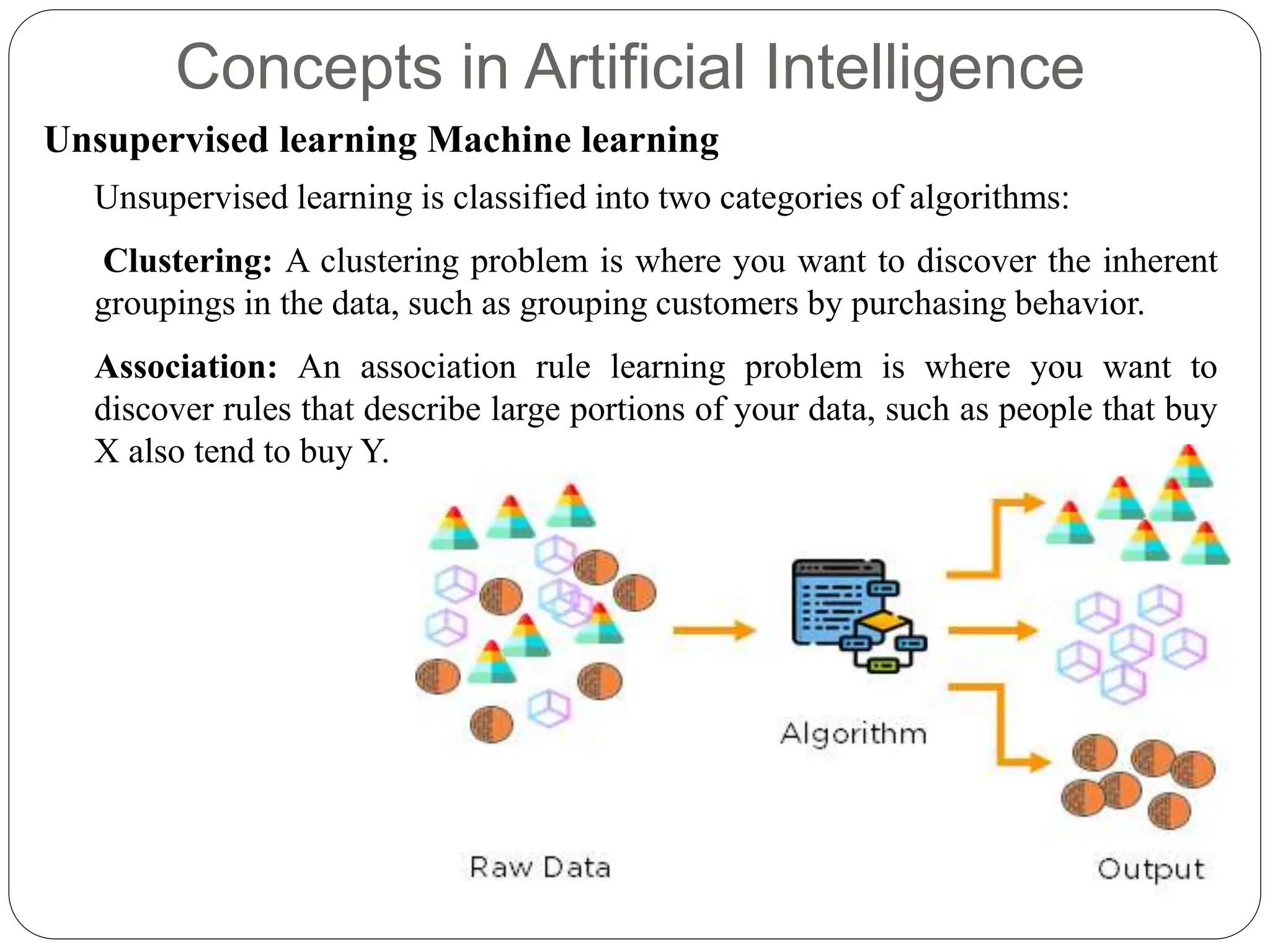Concepts in Artificial Intelligence
Unsupervised learning Machine learning
Unsupervised learning is classified into two categories of algorithms:
Clustering: A clustering problem is where you want to discover the inherent
groupings in the data, such as grouping customers by purchasing behavior.
Association: An association rule learning problem is where you want to
discover rules that describe large portions of your data, such as people that buy
X also tend to buy Y.
 