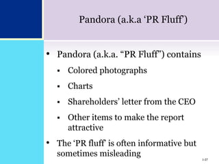 1-27
Pandora (a.k.a ‘PR Fluff’)
• Pandora (a.k.a. “PR Fluff”) contains
 Colored photographs
 Charts
 Shareholders’ letter from the CEO
 Other items to make the report
attractive
• The ‘PR fluff’ is often informative but
sometimes misleading
1-27
 