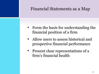1-3
Financial Statements as a Map
• Form the basis for understanding the
financial position of a firm
• Allow users to assess historical and
prospective financial performance
• Present clear representations of a
firm’s financial health
1-3
 