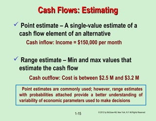 Cash Flows: EstimatingCash Flows: Estimating
 Point estimate – A single-value estimate of a
cash flow element of an alter...