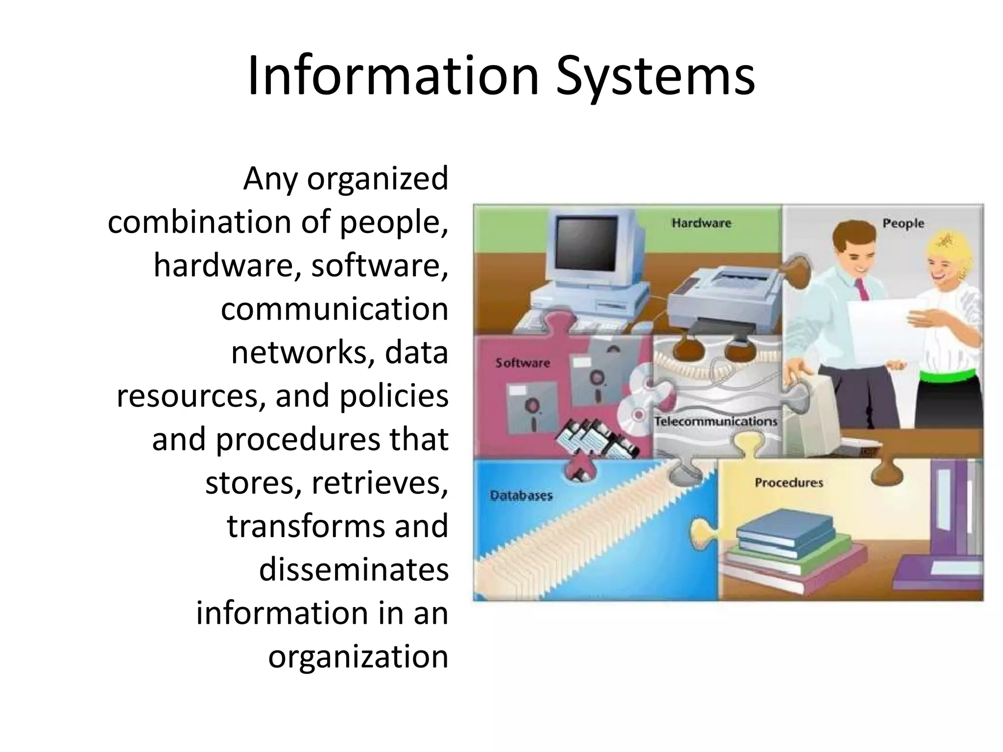 Information Systems
Any organized
combination of people,
hardware, software,
communication
networks, data
resources, and policies
and procedures that
stores, retrieves,
transforms and
disseminates
information in an
organization
 