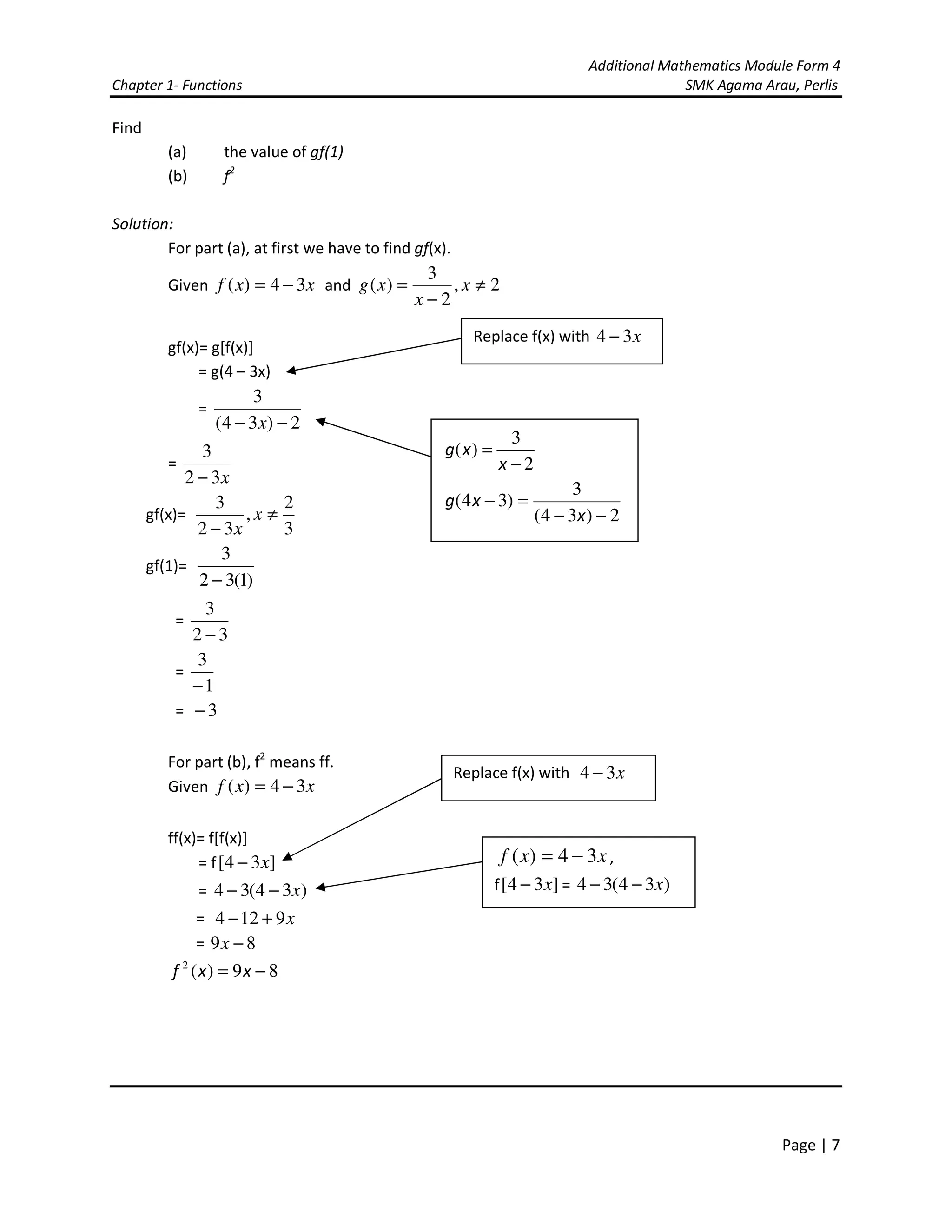 Additional Mathematics Module Form 4
Chapter 1- Functions SMK Agama Arau, Perlis
Page | 7
Find
(a) the value of gf(1)
(b) f2
Solution:
For part (a), at first we have to find gf(x).
Given xxf 34)( −= and 2,
2
3
)( ≠
−
= x
x
xg
gf(x)= g[f(x)]
= g(4 – 3x)
=
2)34(
3
−− x
=
x32
3
−
gf(x)=
3
2
,
32
3
≠
−
x
x
gf(1)=
)1(32
3
−
=
32
3
−
=
1
3
−
= 3−
For part (b), f2
means ff.
Given xxf 34)( −=
ff(x)= f[f(x)]
= f ]34[ x−
= )34(34 x−−
= x9124 +−
= 89 −x
89)(2
−= xxf
Replace f(x) with x34 −
2
3
)(
−
=
x
xg
2)34(
3
)34(
−−
=−
x
xg
Replace f(x) with x34 −
xxf 34)( −= ,
f ]34[ x− = )34(34 x−−
 