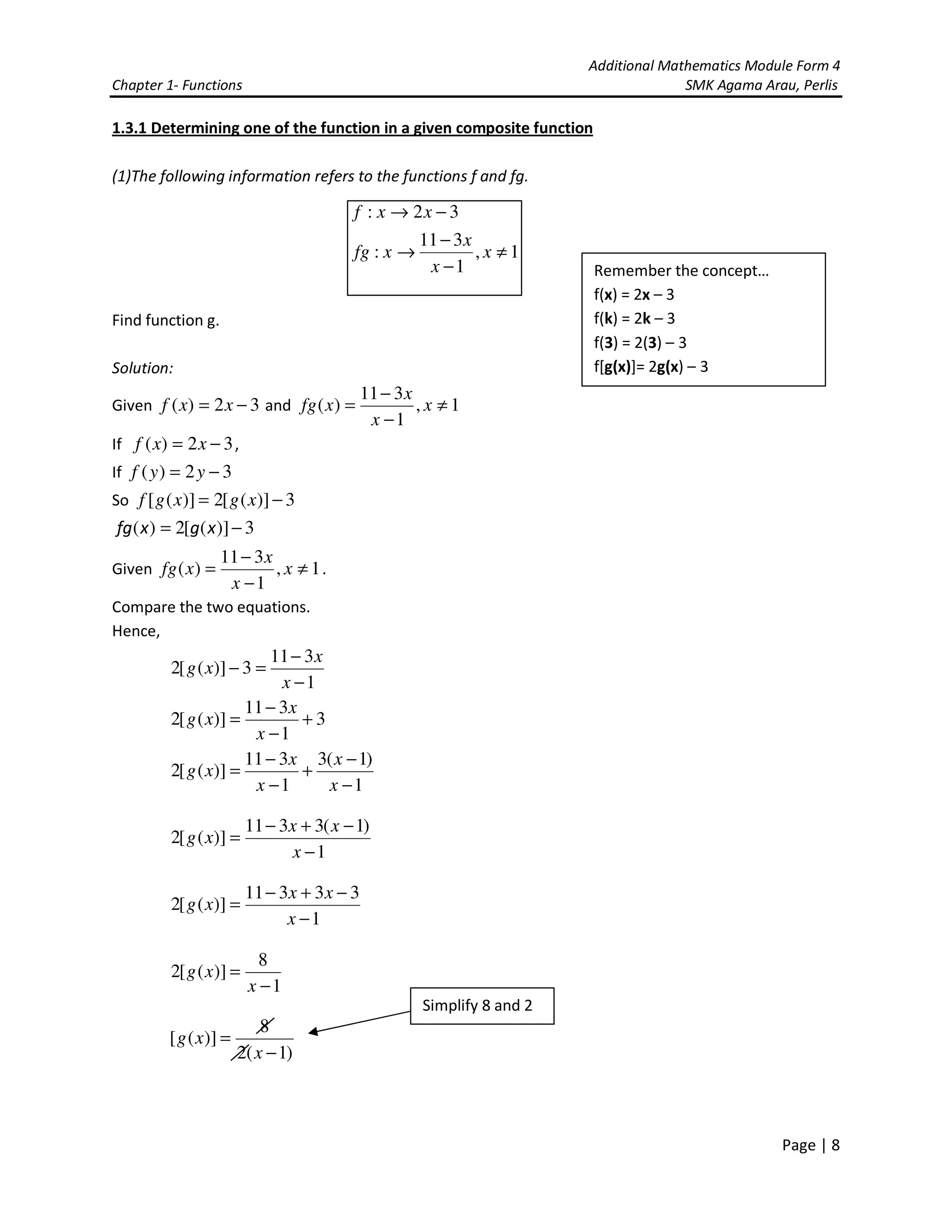 Additional Mathematics Module Form 4
Chapter 1- Functions SMK Agama Arau, Perlis
Page | 8
1.3.1 Determining one of the function in a given composite function
(1)The following information refers to the functions f and fg.
Find function g.
Solution:
Given 32)( −= xxf and 1,
1
311
)( ≠
−
−
= x
x
x
xfg
If 32)( −= xxf ,
If 32)( −= yyf
So 3)]([2)]([ −= xgxgf
3)]([2)( −= xgxfg
Given 1,
1
311
)( ≠
−
−
= x
x
x
xfg .
Compare the two equations.
Hence,
1
311
3)]([2
−
−
=−
x
x
xg
3
1
311
)]([2 +
−
−
=
x
x
xg
1
)1(3
1
311
)]([2
−
−
+
−
−
=
x
x
x
x
xg
1
)1(3311
)]([2
−
−+−
=
x
xx
xg
1
33311
)]([2
−
−+−
=
x
xx
xg
1
8
)]([2
−
=
x
xg
)1(2
8
)]([
−
=
x
xg
1,
1
311
:
32:
≠
−
−
→
−→
x
x
x
xfg
xxf
Remember the concept…
f(x) = 2x – 3
f(k) = 2k – 3
f(3) = 2(3) – 3
f[g(x)]= 2g(x) – 3
Simplify 8 and 2
 