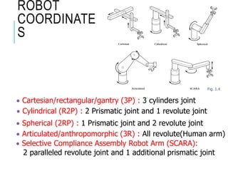 ROBOT
COORDINATE
S
 Cartesian/rectangular/gantry (3P) : 3 cylinders joint
 Cylindrical (R2P) : 2 Prismatic joint and 1 revolute joint
Fig. 1.4
 Spherical (2RP) : 1 Prismatic joint and 2 revolute joint
 Articulated/anthropomorphic (3R) : All revolute(Human arm)
 Selective Compliance Assembly Robot Arm (SCARA):
2 paralleled revolute joint and 1 additional prismatic joint
 