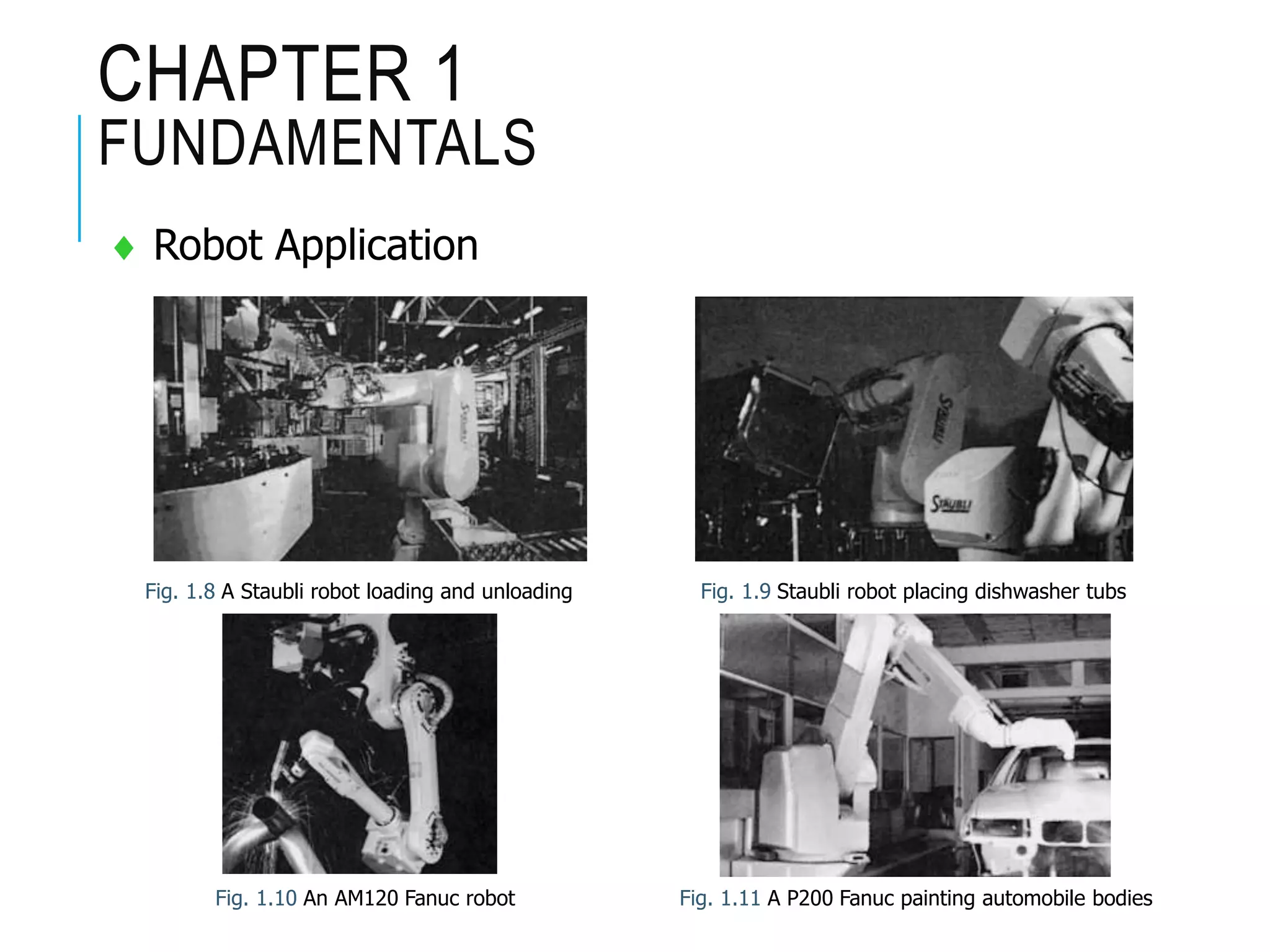 CHAPTER 1
FUNDAMENTALS
 Robot Application
Fig. 1.8 A Staubli robot loading and unloading Fig. 1.9 Staubli robot placing dishwasher tubs
Fig. 1.10 An AM120 Fanuc robot Fig. 1.11 A P200 Fanuc painting automobile bodies
 