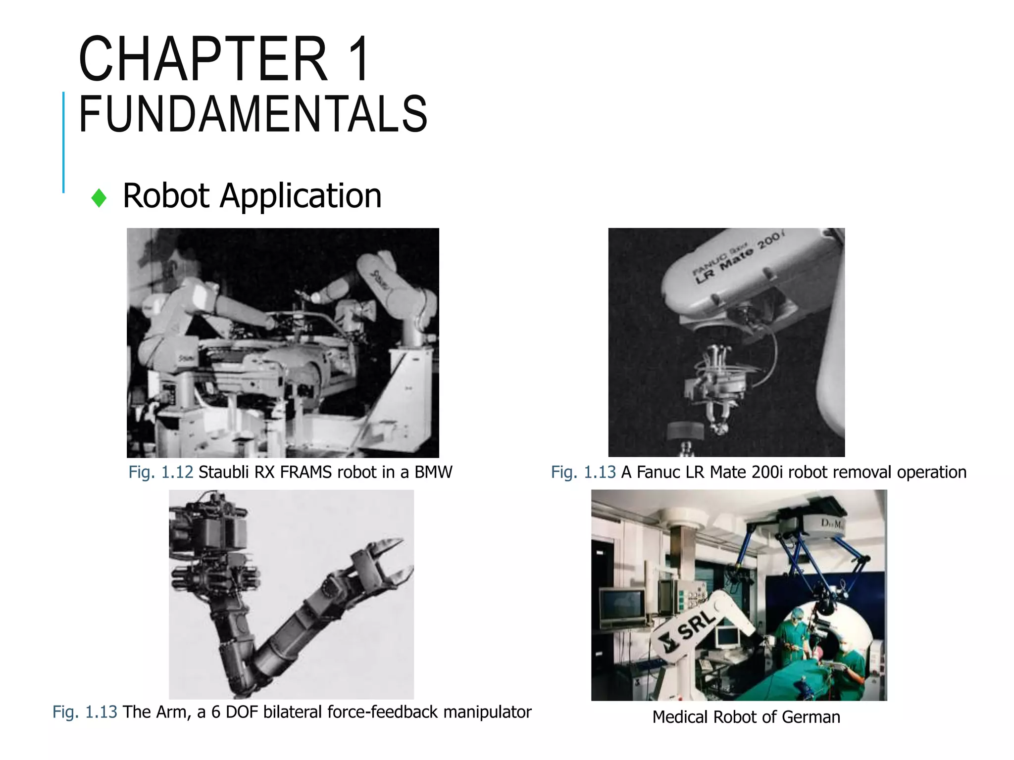 CHAPTER 1
FUNDAMENTALS
 Robot Application
Fig. 1.12 Staubli RX FRAMS robot in a BMW Fig. 1.13 A Fanuc LR Mate 200i robot removal operation
Fig. 1.13 The Arm, a 6 DOF bilateral force-feedback manipulator Medical Robot of German
 