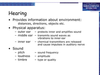 Hearing 
• Provides information about environment: 
distances, directions, objects etc. 
• Physical apparatus: 
– outer ear – protects inner and amplifies sound 
– middle ear – transmits sound waves as 
vibrations to inner ear 
– inner ear – chemical transmitters are released 
and cause impulses in auditory nerve 
• Sound 
– pitch – sound frequency 
– loudness – amplitude 
– timbre – type or quality 
 