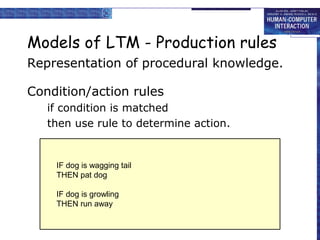 Models of LTM - Production rules 
Representation of procedural knowledge. 
Condition/action rules 
if condition is matched 
then use rule to determine action. 
IF dog is wagging tail 
THEN pat dog 
IF dog is growling 
THEN run away 
 