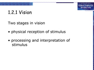 1.2.1 Vision 
Two stages in vision 
• physical reception of stimulus 
• processing and interpretation of 
stimulus 
 