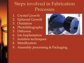 Steps involved in Fabrication
Processes
1. Crystal Growth
2. Epitaxial Growth
3. Oxidation
4. Photolithography
5. Diffusion
6. Ion Implantation
7. Isolation techniques
8. Metallization
9. Assembly processing & Packaging.
 