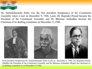 39
Dr. Sachchidananda Sinha was the first president (temporary) of the Constituent
Assembly when it met on December 9, 1946. Later, Dr. Rajendra Prasad became the
President of the Constituent Assembly and Dr. Bhimrao Ambedkar became the
Chairman of its drafting committee on December 11,1946 .
First president (temporary) Dr. Sachchidananda Sinha (Left) on December 9, 1946. Dr. Rajendra Prasad
(Middle) the President of the Constituent Assembly and Dr. Bhimrao Ambedkar (Right) the Chairman of
its drafting committee as on December 11,1946 .
 