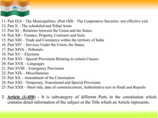 56
11. Part IXA – The Municipalities. (Part IXB – The Cooperative Societies -not effective yet)
12. Part X – The scheduled and Tribal Areas
13. Part XI – Relations between the Union and the States.
14. Part XII – Finance, Property, Contracts and Suits
15. Part XIII – Trade and Commerce within the territory of India
16. Part XIV – Services Under the Union, the States.
17. Part XIVA – Tribunals.
18. Part XV – Elections
19. Part XVI – Special Provisions Relating to certain Classes.
20. Part XVII – Languages
21. Part XVIII – Emergency Provisions
22. Part XIX – Miscellaneous
23. Part XX – Amendment of the Constitution
24. Part XXI – Temporary, Transitional and Special Provisions
25. Part XXII – Short title, date of commencement, Authoritative text in Hindi and Repeals
3. Article (1-450) - It is subcategory of different Parts in the constitution which
contains detail information of the subject or the Title which an Article represents.
 