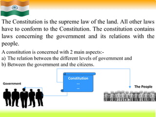 6
The Constitution is the supreme law of the land. All other laws
have to conform to the Constitution. The constitution contains
laws concerning the government and its relations with the
people.
A constitution is concerned with 2 main aspects:-
a) The relation between the different levels of government and
b) Between the government and the citizens.
Constitution
...
…
Government
The People
 