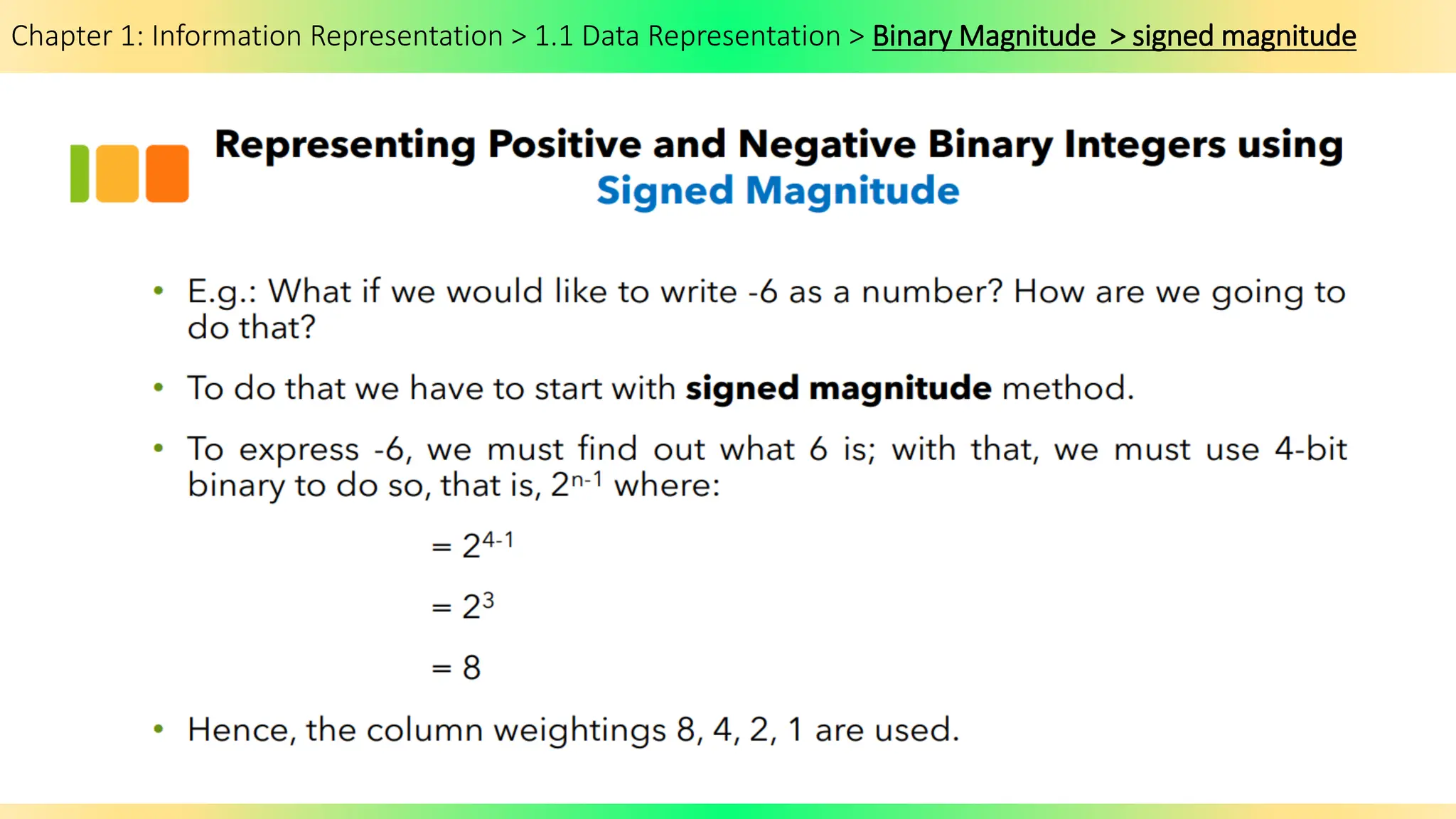 Chapter 1: Information Representation > 1.1 Data Representation > Binary Magnitude > signed magnitude
 