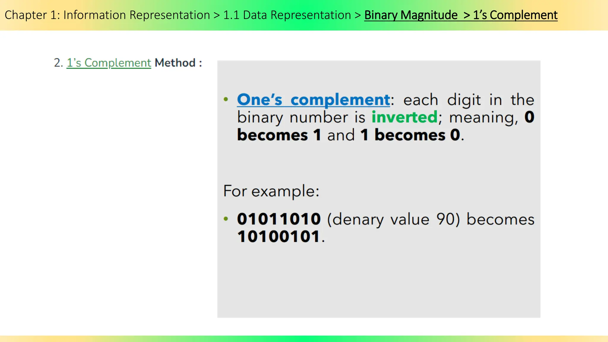 Chapter 1: Information Representation > 1.1 Data Representation > Binary Magnitude > 1’s Complement
 