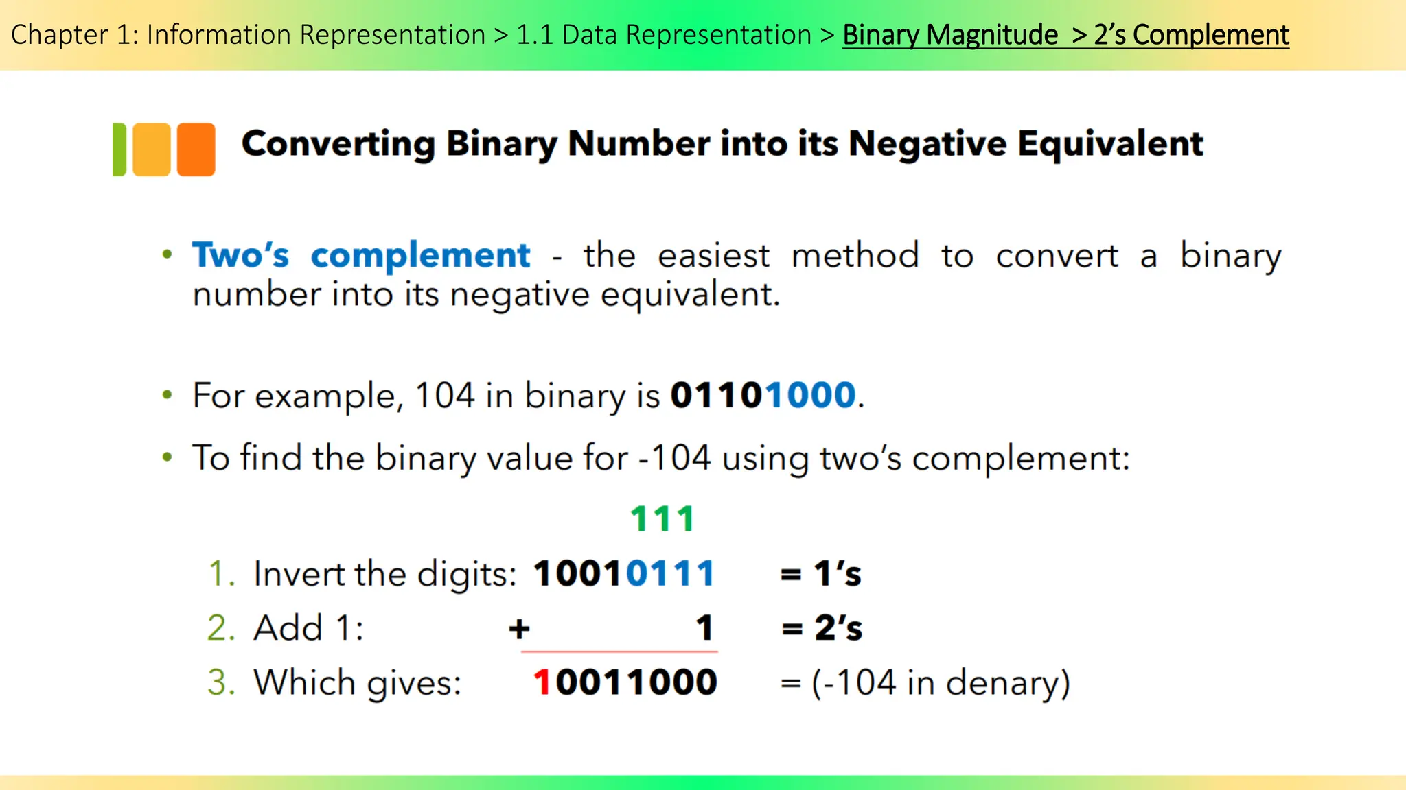 Chapter 1: Information Representation > 1.1 Data Representation > Binary Magnitude > 2’s Complement
 