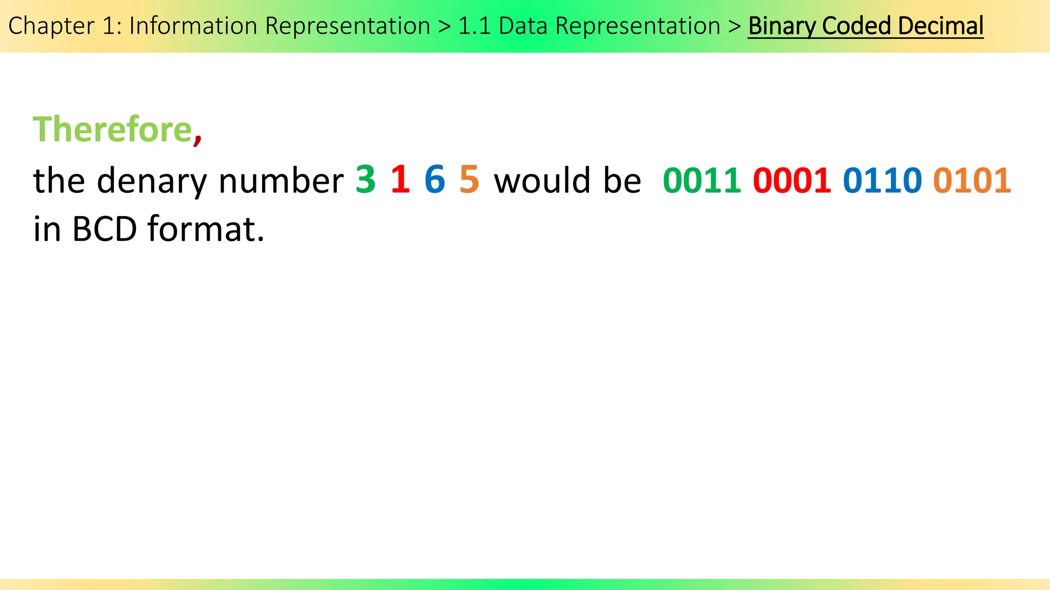 Chapter 1: Information Representation > 1.1 Data Representation > Binary Coded Decimal
Therefore,
the denary number 3 1 6 5 would be 0011 0001 0110 0101
in BCD format.
 