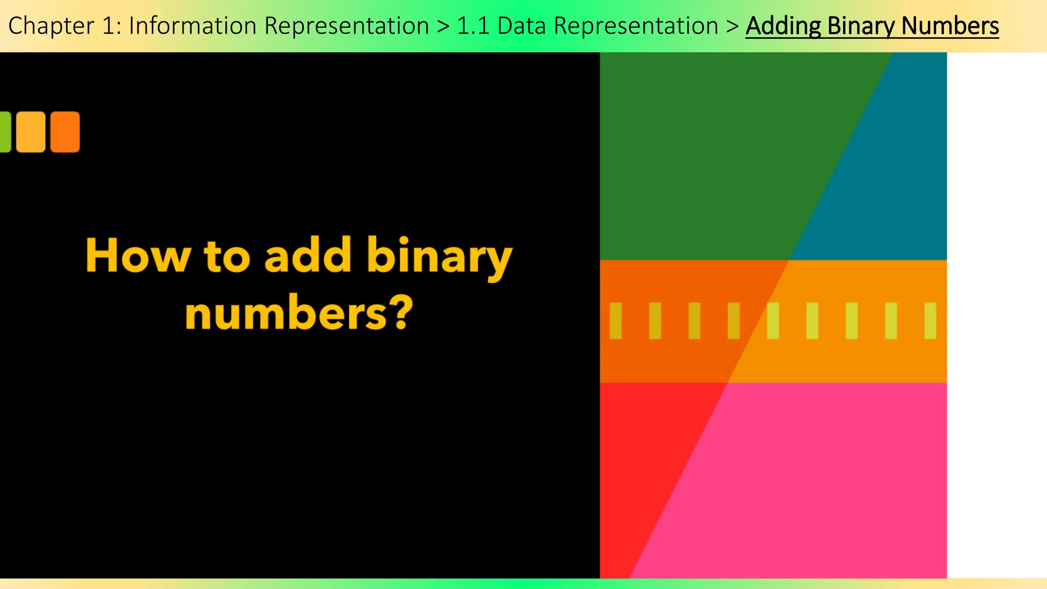Chapter 1: Information Representation > 1.1 Data Representation > Adding Binary Numbers
 