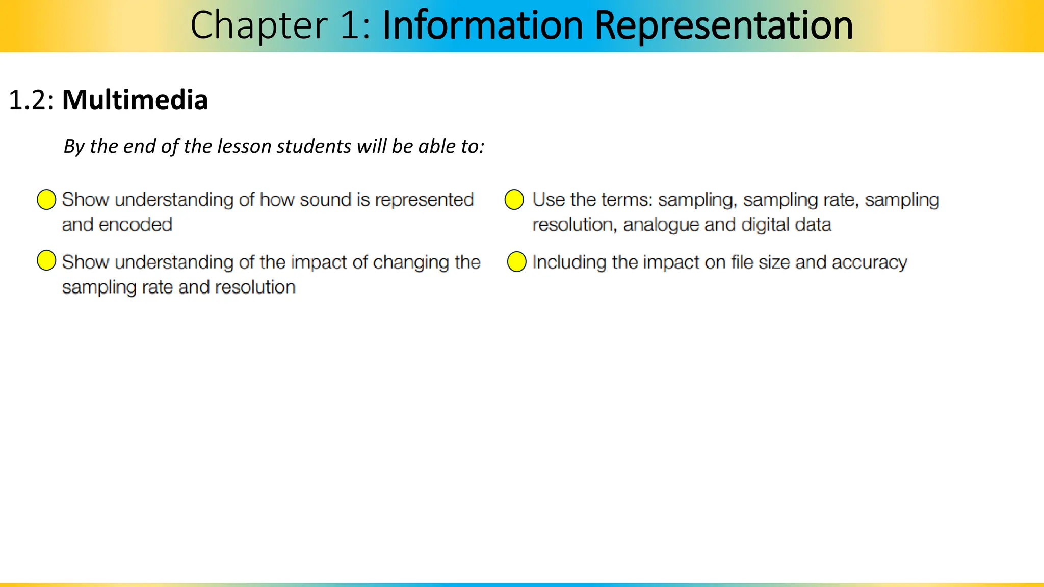 1.2: Multimedia
By the end of the lesson students will be able to:
Chapter 1: Information Representation
 