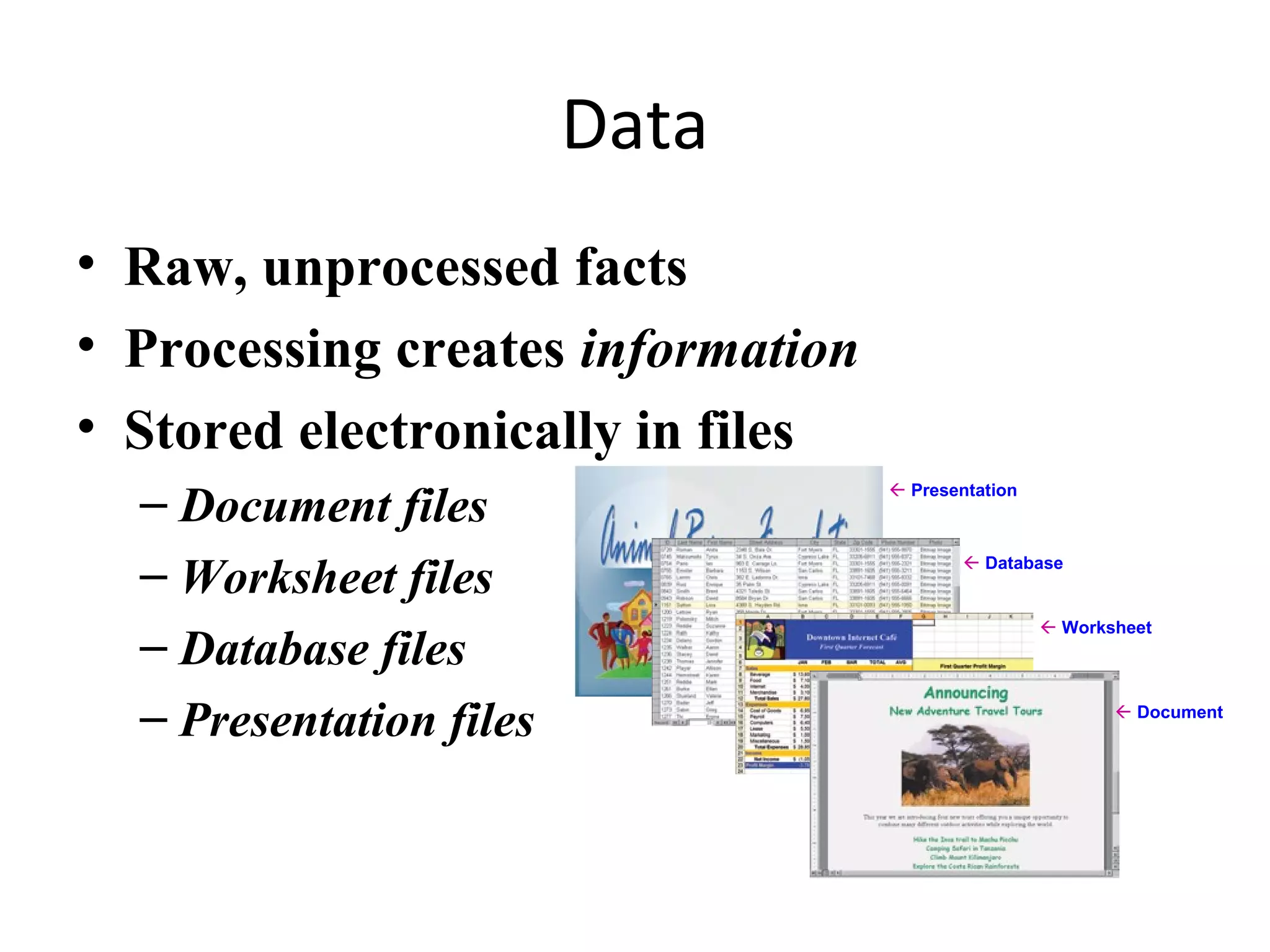 Data
• Raw, unprocessed facts
• Processing creates information
• Stored electronically in files
– Document files
– Worksheet files
– Database files
– Presentation files
 Presentation
 Database
 Worksheet
 Document
 